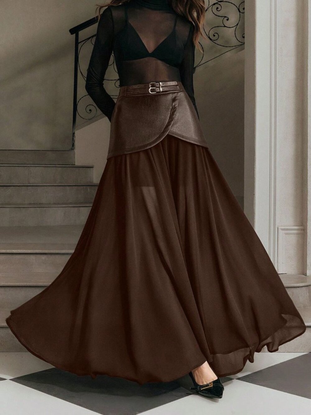 Rust Brown Casual Women's Chiffon Patchwork Double Belt Maxi Skirt - Picture 5 of 7